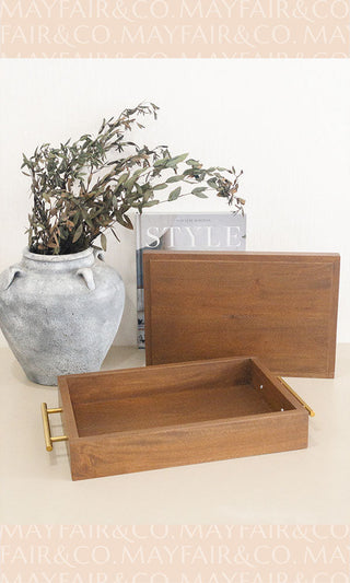 GIFT SET MONACO 3-in-1 Mahogany Box Tray with Stainless Steel Handles in Brushed Gold