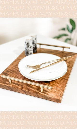 SEVILLE SERVING Mahogany Tray with Stainless Steel Handles in Brushed Gold