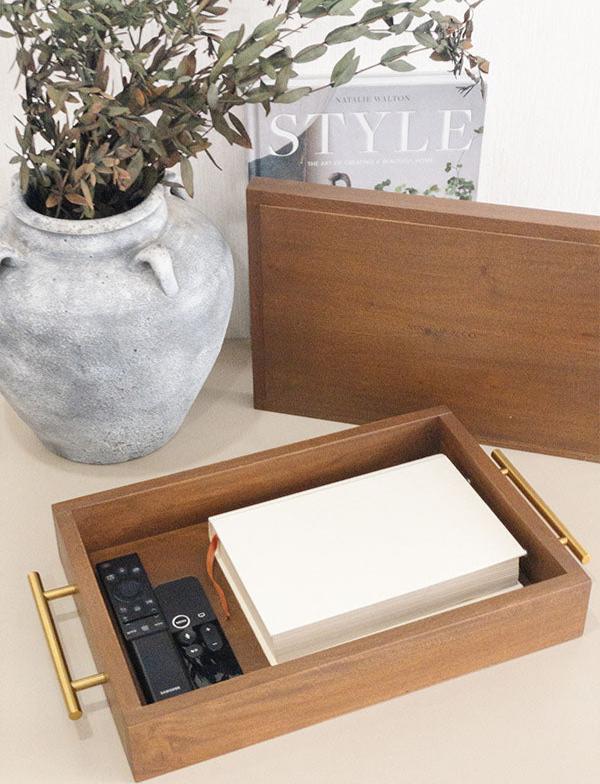 GIFT SET MONACO 3-in-1 Mahogany Box Tray with Stainless Steel Handles in Brushed Gold