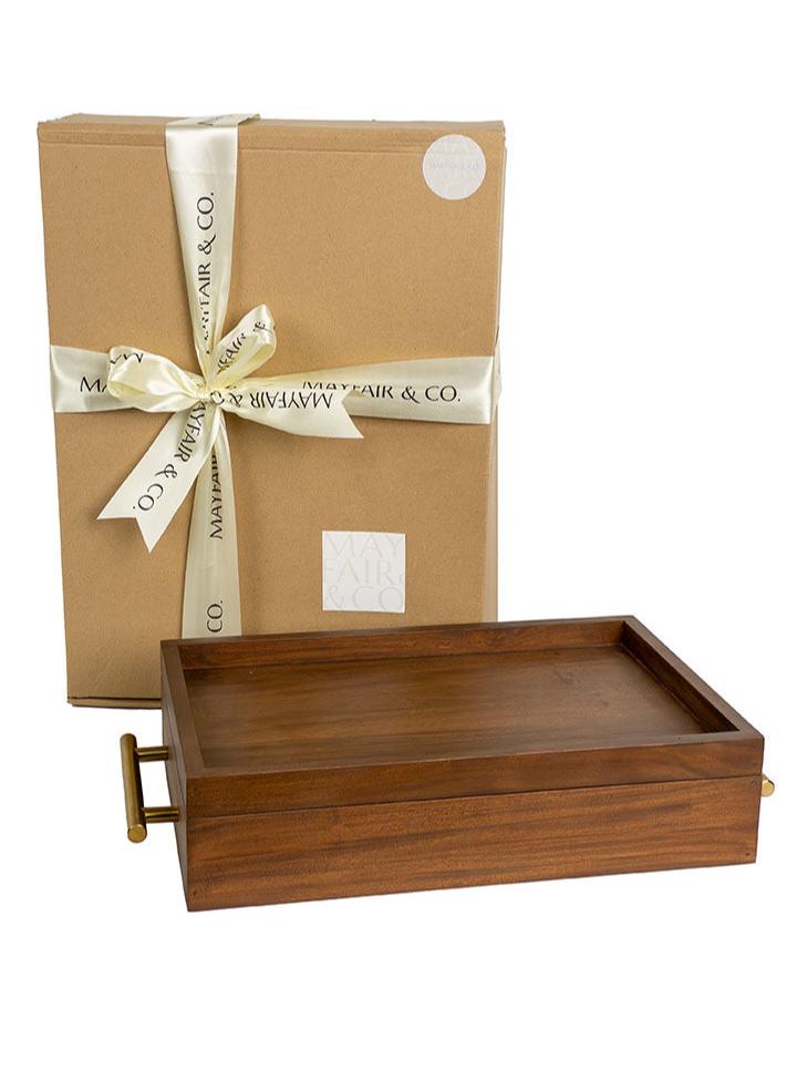 GIFT SET MONACO 3-in-1 Mahogany Box Tray with Stainless Steel Handles in Brushed Gold