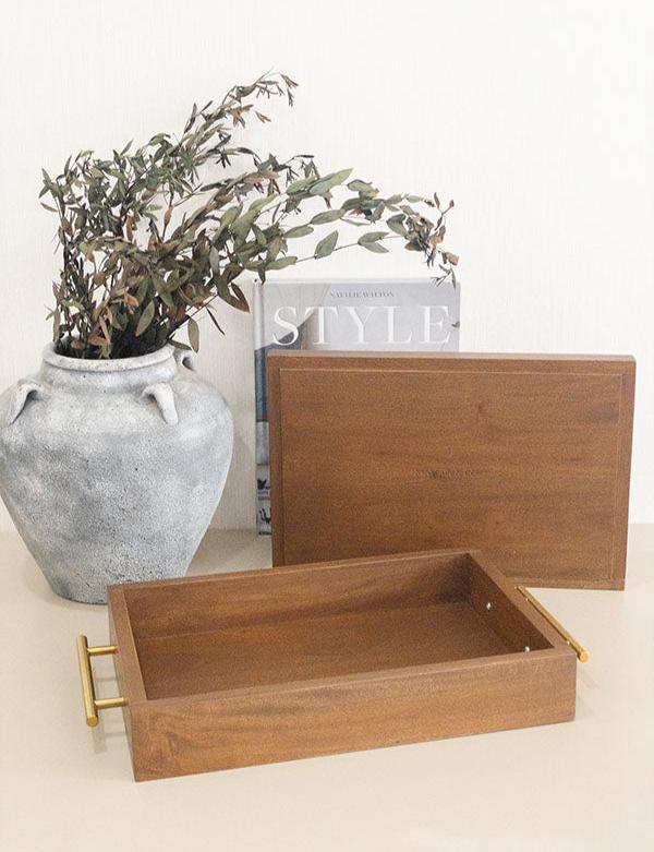 MONACO 3-in-1 Mahogany Box Tray with Stainless Steel Handles in Brushed Gold