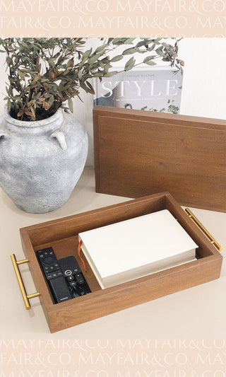 MONACO 3-in-1 Mahogany Box Tray with Stainless Steel Handles in Brushed Gold