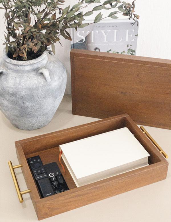 MONACO 3-in-1 Mahogany Box Tray with Stainless Steel Handles in Brushed Gold