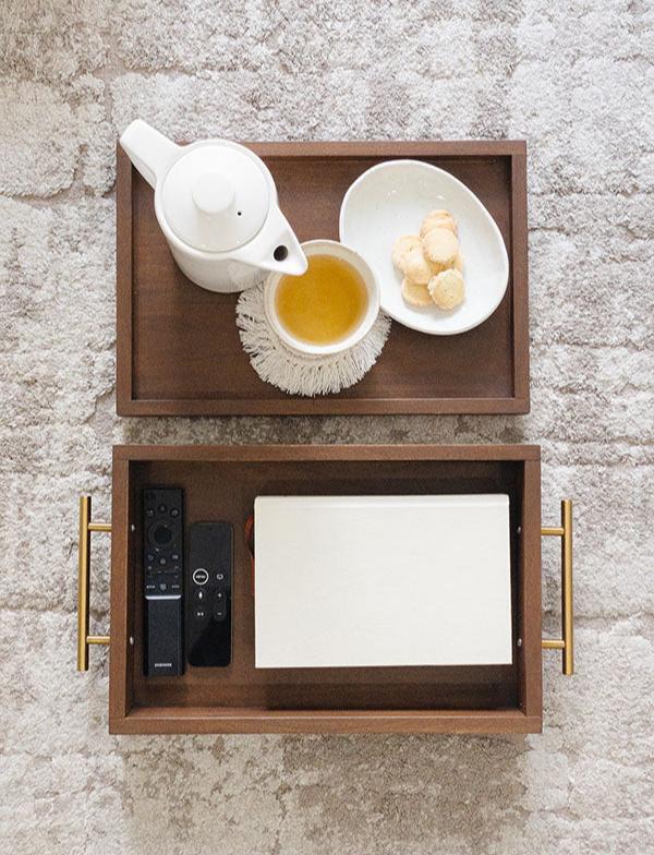 MONACO 3-in-1 Mahogany Box Tray with Stainless Steel Handles in Brushed Gold