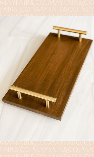 SEVILLE VALET Mahogany Tray with Stainless Steel Handles in Brushed Gold