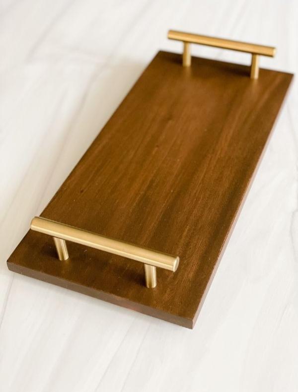 SEVILLE VALET Mahogany Tray with Stainless Steel Handles in Brushed Gold