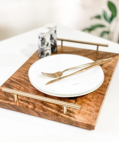 SEVILLE SERVING Mahogany Tray with Stainless Steel Handles in Brushed Gold