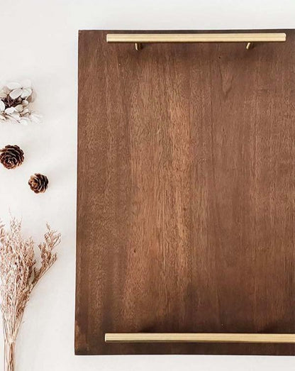 SEVILLE SERVING Mahogany Tray with Stainless Steel Handles in Brushed Gold