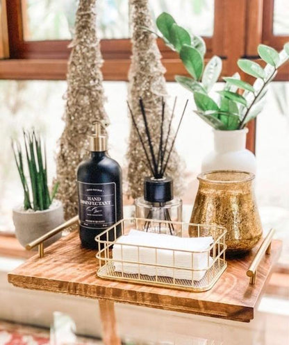 SEVILLE SERVING Mahogany Tray with Stainless Steel Handles in Brushed Gold